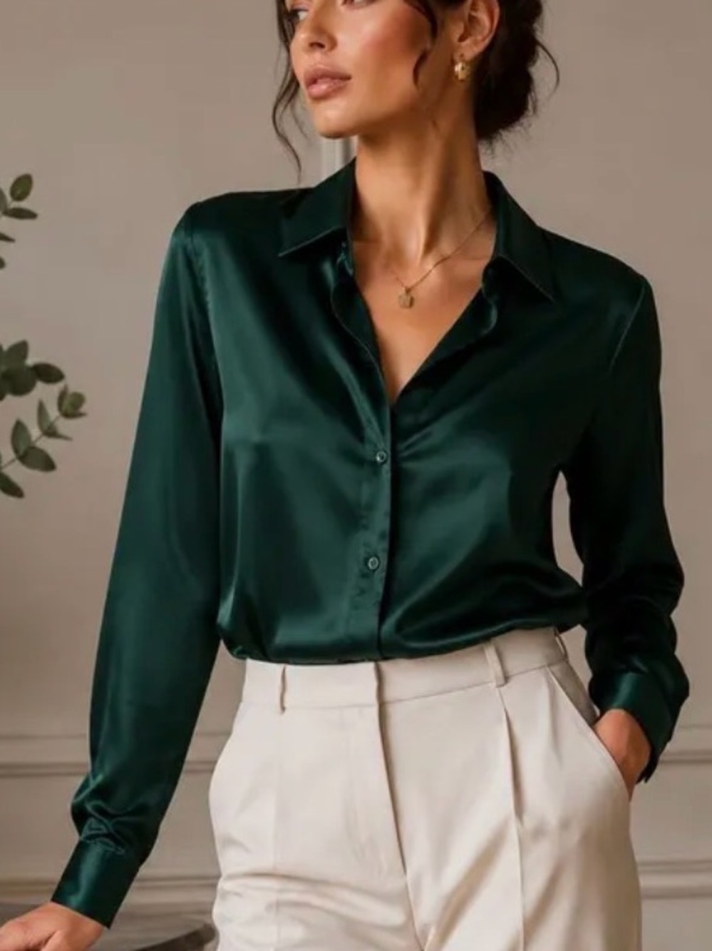 Banana Republic - 100% Silk Dark Green Button-Up Blouse - Medium